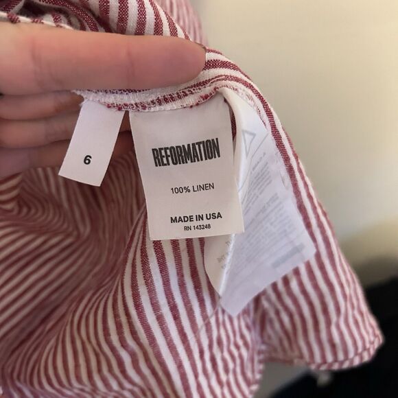 Reformation Cecilia Mini Dress Linen Pink White Striped Belt 6 - Missing Button - Picture 6 of 10